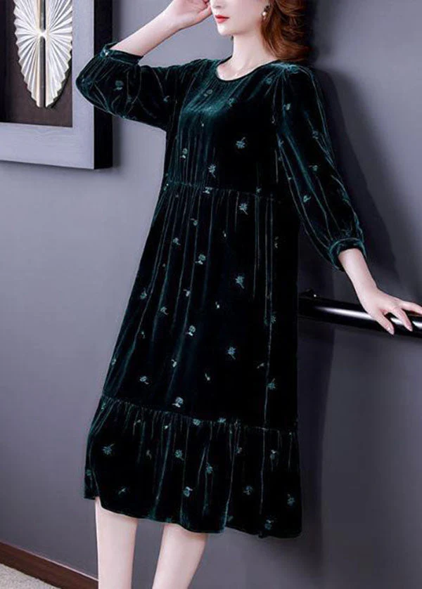 Modern Blackish Green Embroideried Patchwork Wrinkled Silk Velour Long Dress Spring - Image 4