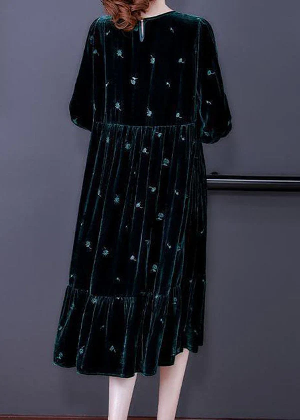 Modern Blackish Green Embroideried Patchwork Wrinkled Silk Velour Long Dress Spring - Image 5