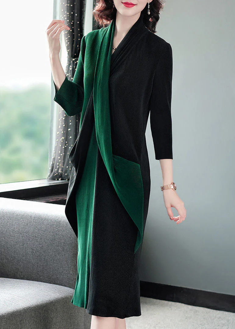 Modern Blackish Green V Neck Patchwork Wrinkled Maxi Dress Long Sleeve - Image 2