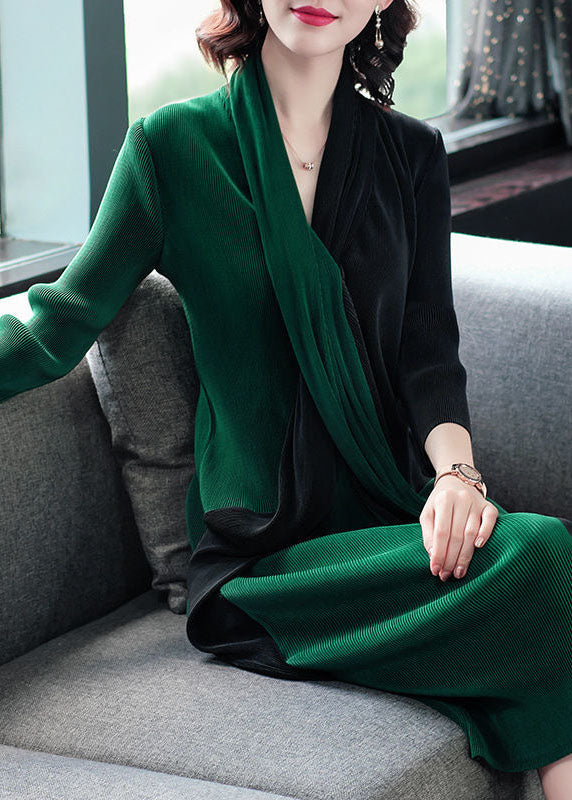Modern Blackish Green V Neck Patchwork Wrinkled Maxi Dress Long Sleeve - Image 4