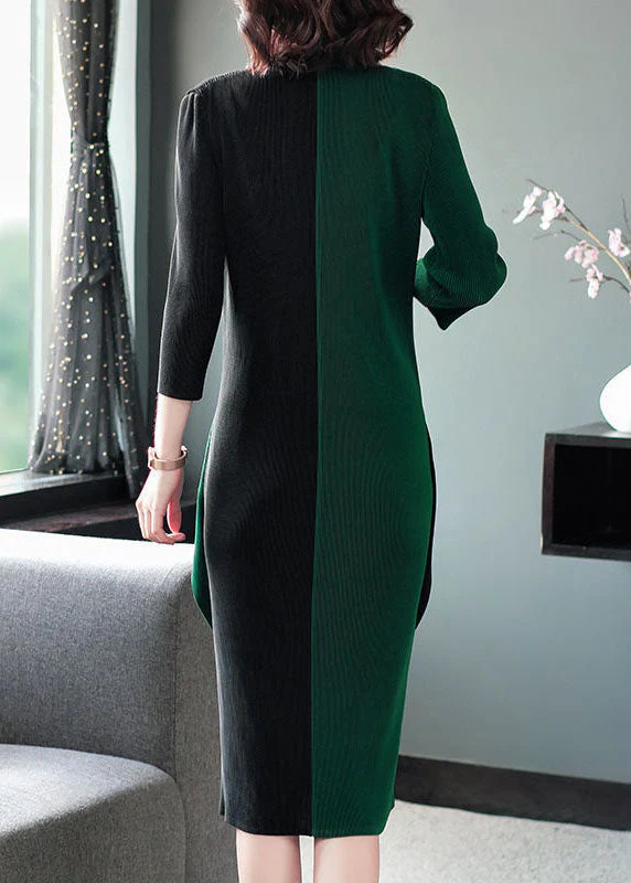 Modern Blackish Green V Neck Patchwork Wrinkled Maxi Dress Long Sleeve - Image 5