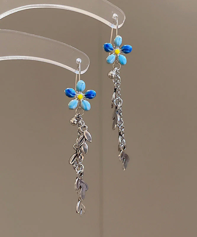Modern Blue Alloy Drip Glaze Hibiscus Leaf Tassel Drop Earrings - Image 2
