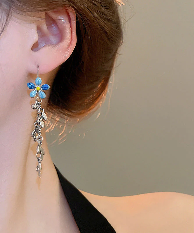 Modern Blue Alloy Drip Glaze Hibiscus Leaf Tassel Drop Earrings - Image 4