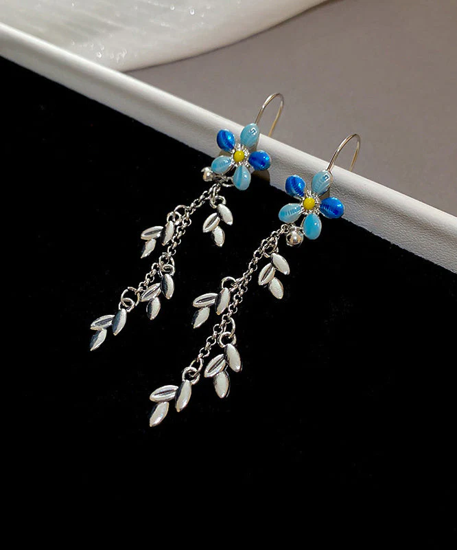 Modern Blue Alloy Drip Glaze Hibiscus Leaf Tassel Drop Earrings - Image 5