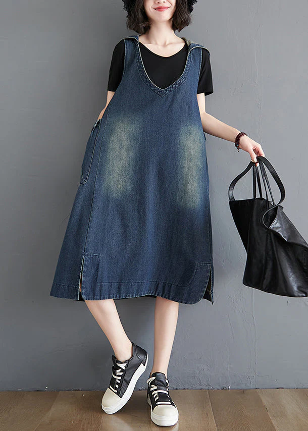 Modern Blue HoodedPockets Patchwork Denim Waistcoat Long Dress Sleeveless - Image 3