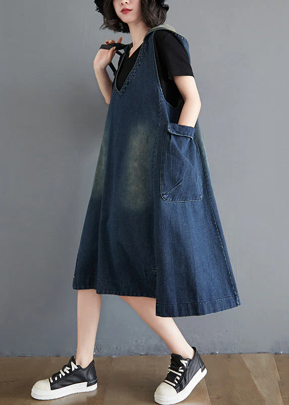 Modern Blue HoodedPockets Patchwork Denim Waistcoat Long Dress Sleeveless - Image 4
