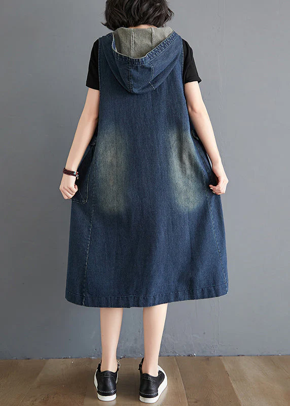 Modern Blue HoodedPockets Patchwork Denim Waistcoat Long Dress Sleeveless - Image 5