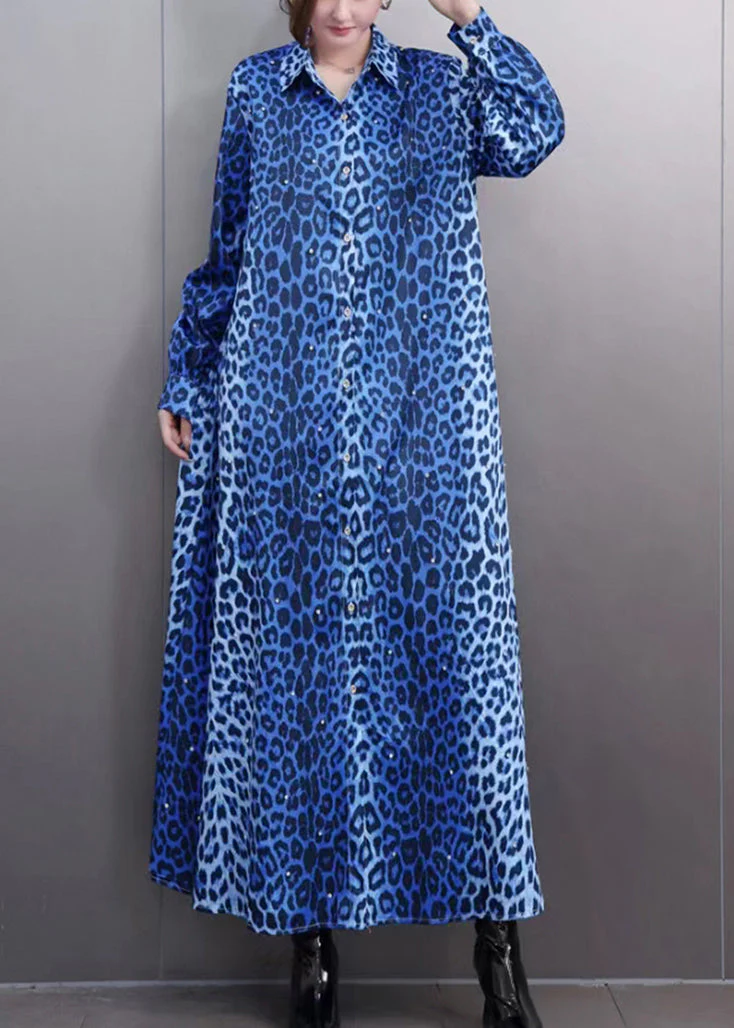 Modern Blue Leopard Print Button Maxi Shirts Dress Lantern Sleeve - Image 3
