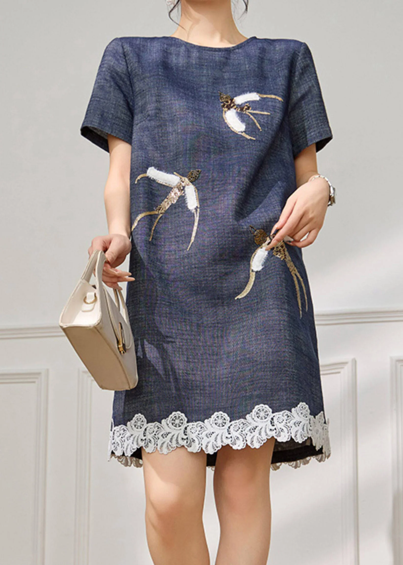 Modern Blue O-Neck Embroidered Mid Dress Summer - Image 2