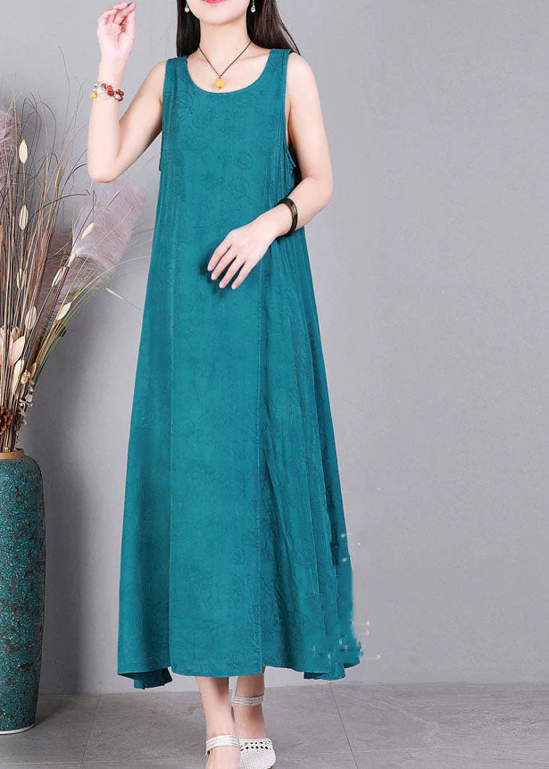 Modern Blue O-Neck Jacquard Linen Party Strap Dress Sleeveless - Image 2