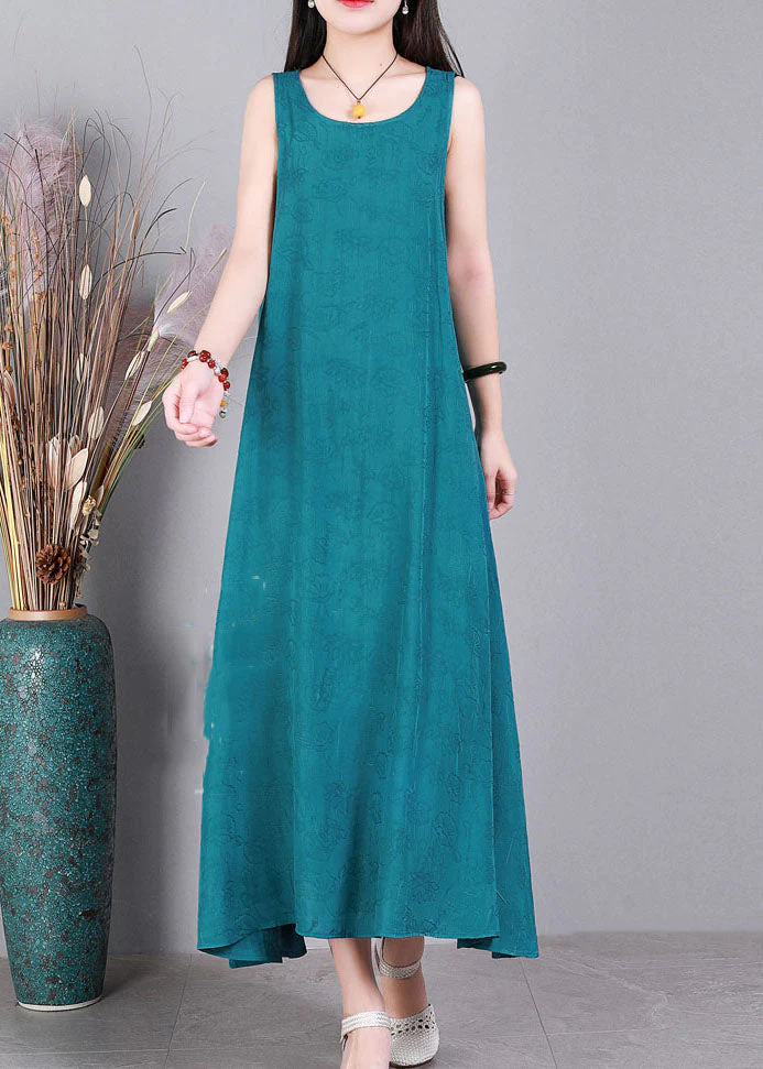Modern Blue O-Neck Jacquard Linen Party Strap Dress Sleeveless - Image 3