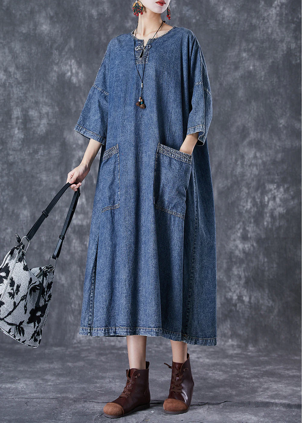 Modern Blue Oversized Pockets Chinese Button Denim Dresses Summer - Image 2