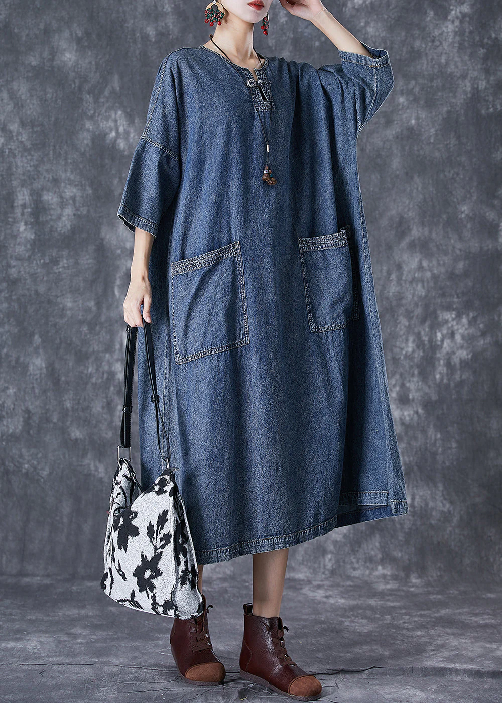 Modern Blue Oversized Pockets Chinese Button Denim Dresses Summer - Image 3