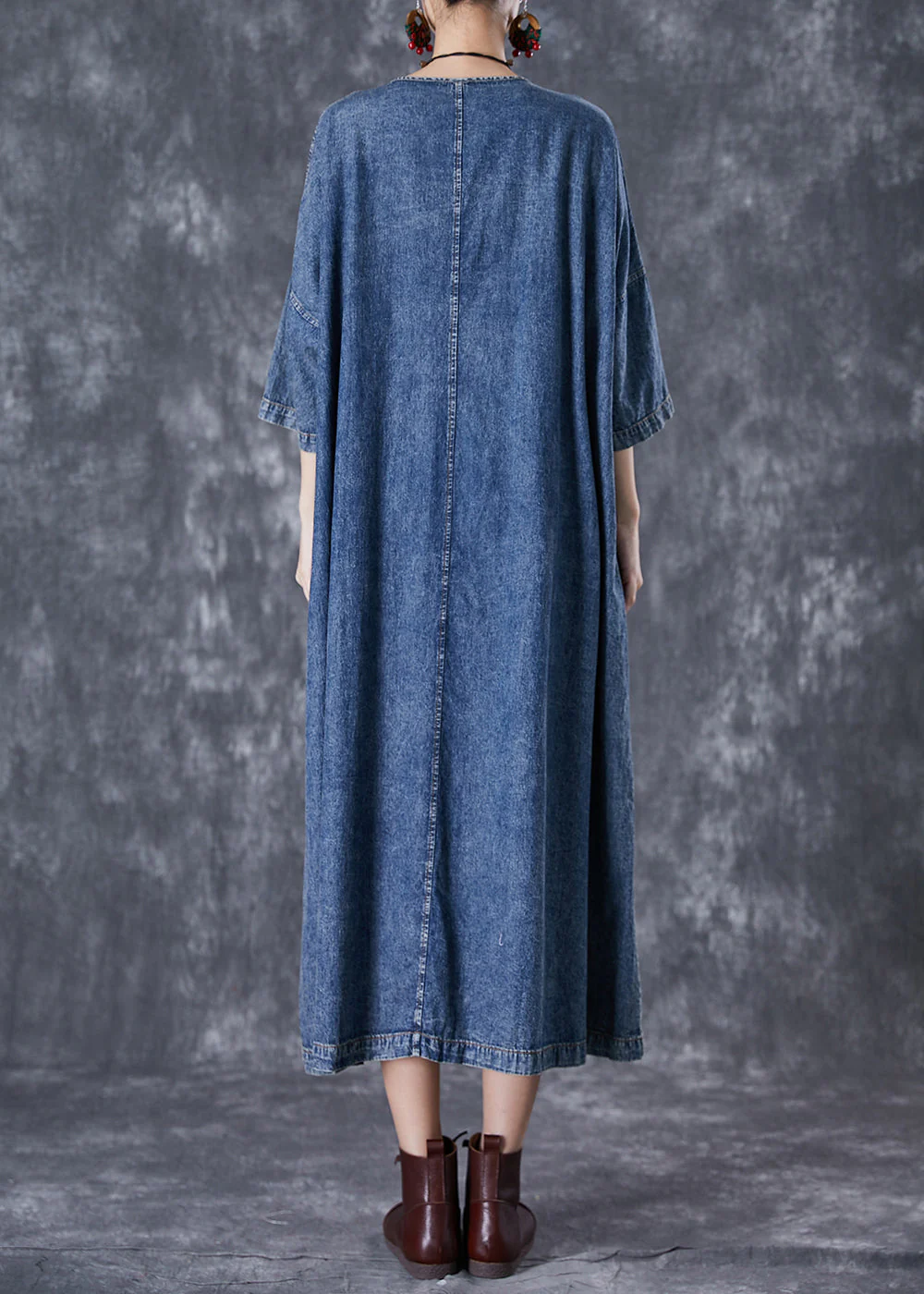 Modern Blue Oversized Pockets Chinese Button Denim Dresses Summer - Image 4