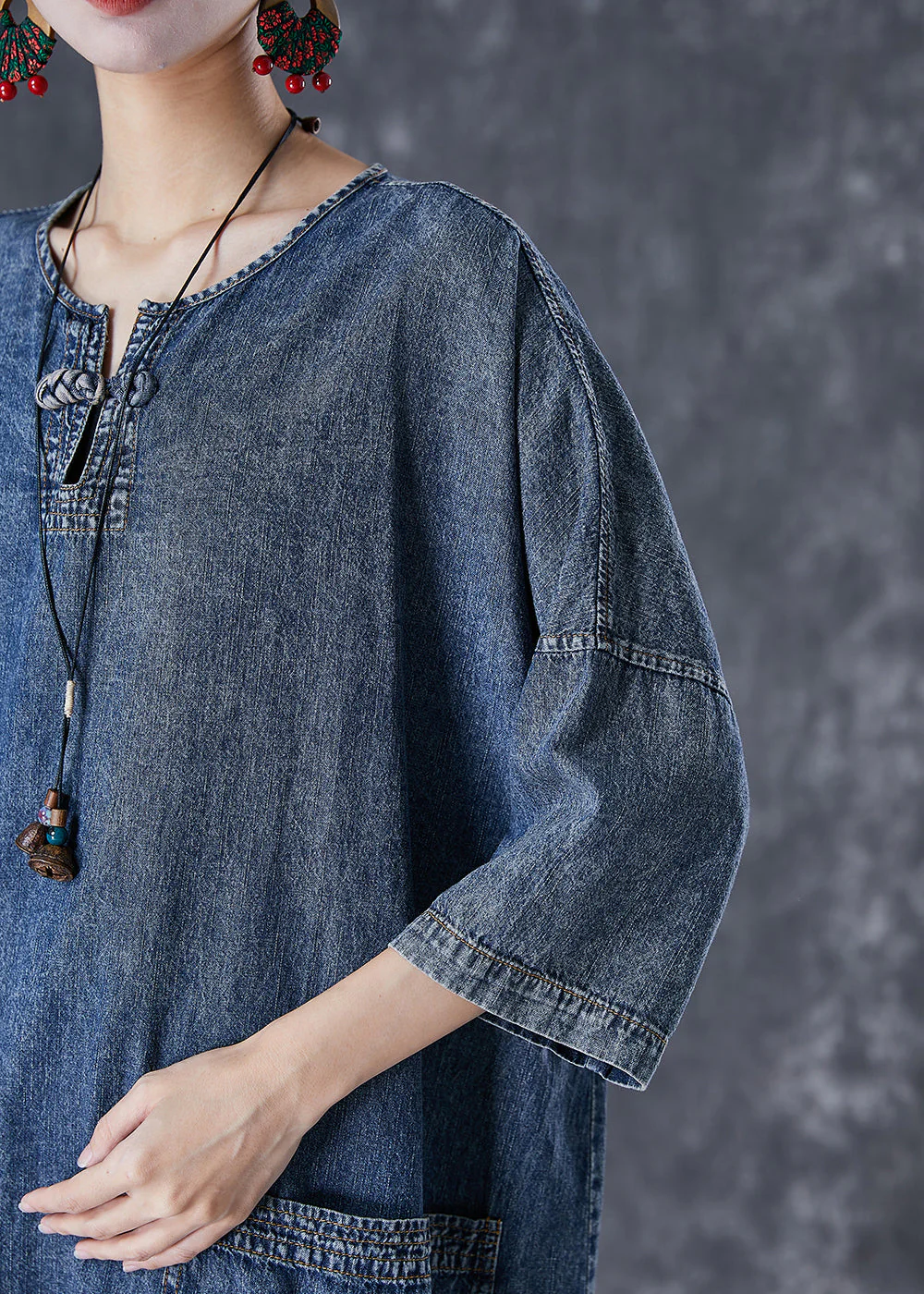 Modern Blue Oversized Pockets Chinese Button Denim Dresses Summer - Image 5
