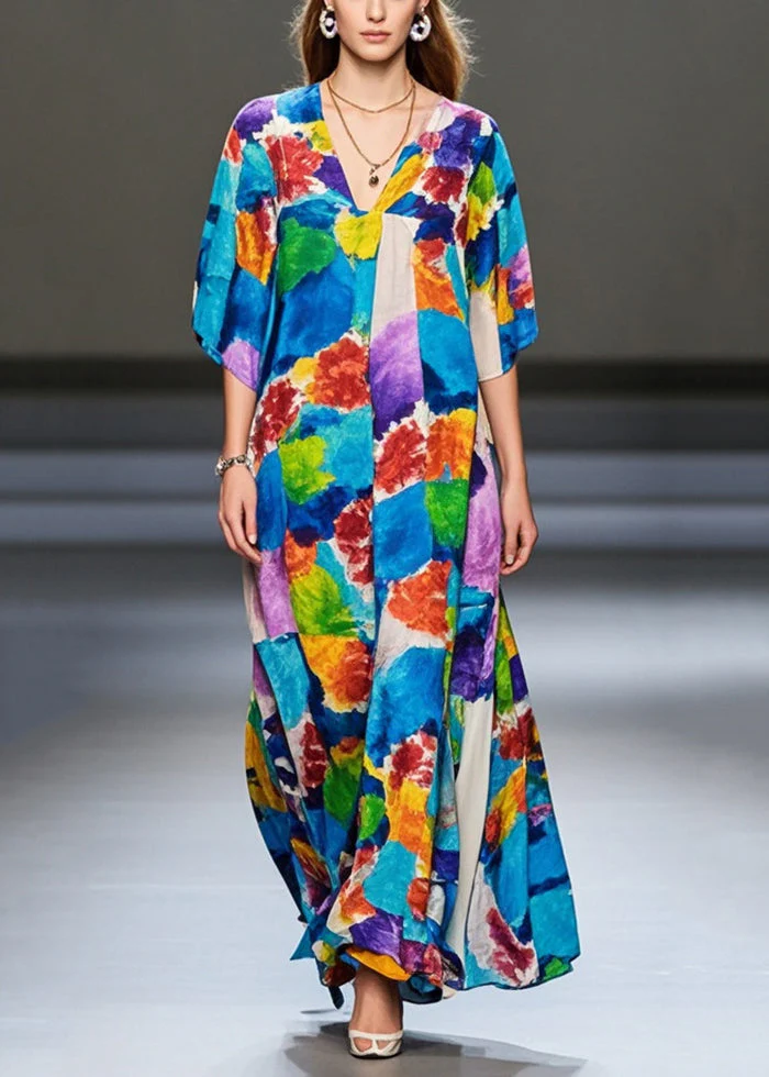 Modern Blue Oversized Print Chiffon Long Dresses Summer - Image 3
