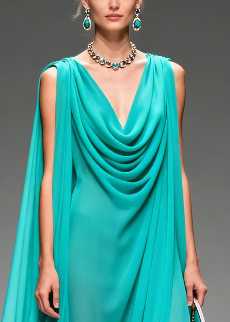Modern Blue Oversized Wrinkled Flower Chiffon Long Dress Summer - Image 2