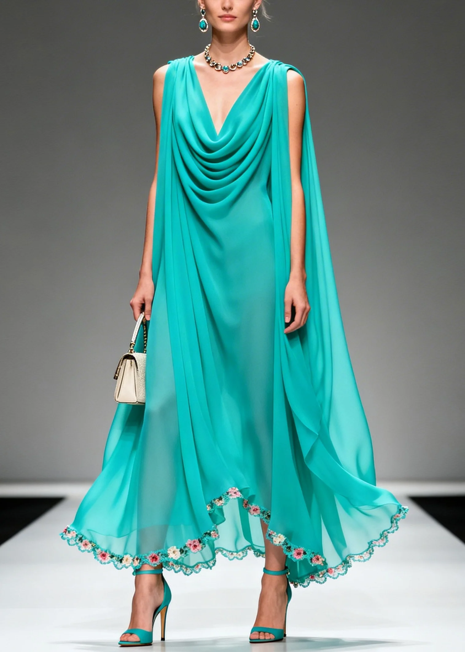 Modern Blue Oversized Wrinkled Flower Chiffon Long Dress Summer - Image 3