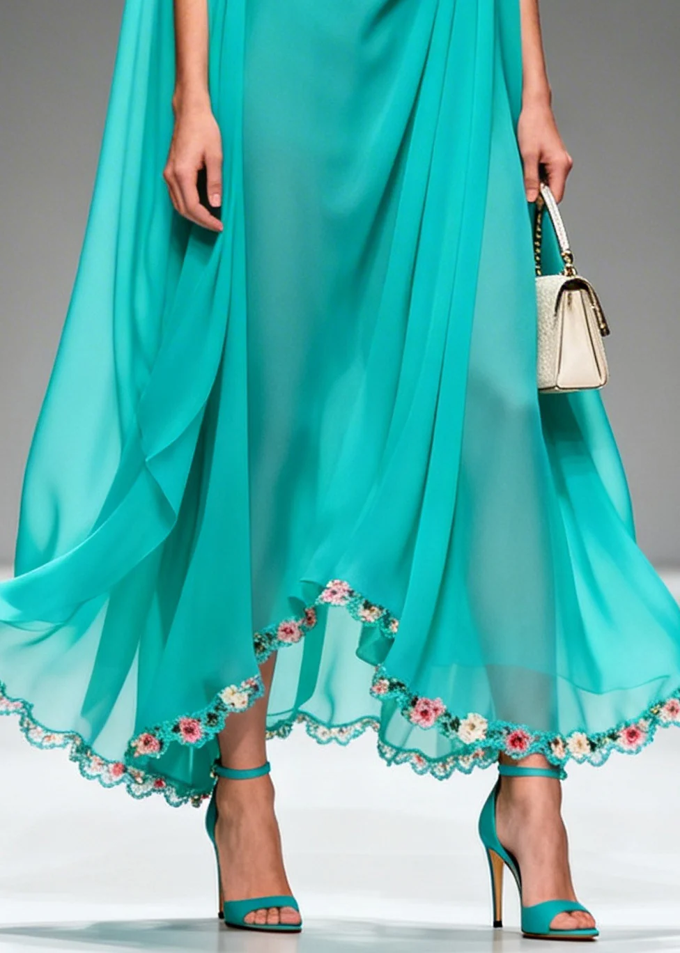 Modern Blue Oversized Wrinkled Flower Chiffon Long Dress Summer - Image 4