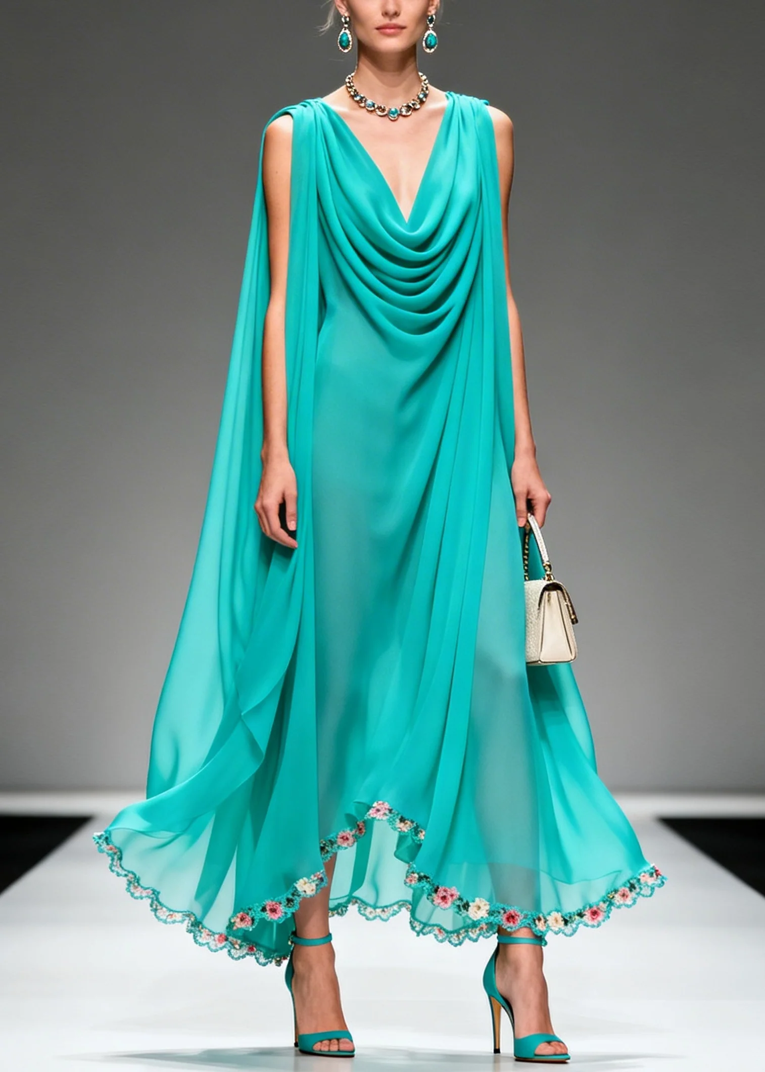 Modern Blue Oversized Wrinkled Flower Chiffon Long Dress Summer - Image 5