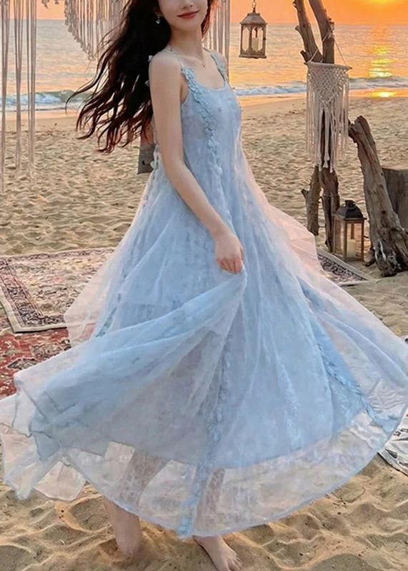 Modern Blue Patchwork Floral Butterfly Holiday Tulle Long Dress Summer - Image 4
