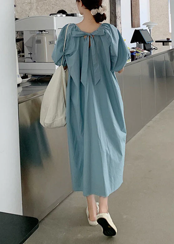 Modern Blue Patchwork Wrinkled Slim Cotton Maxi Dresses Summer - Image 3