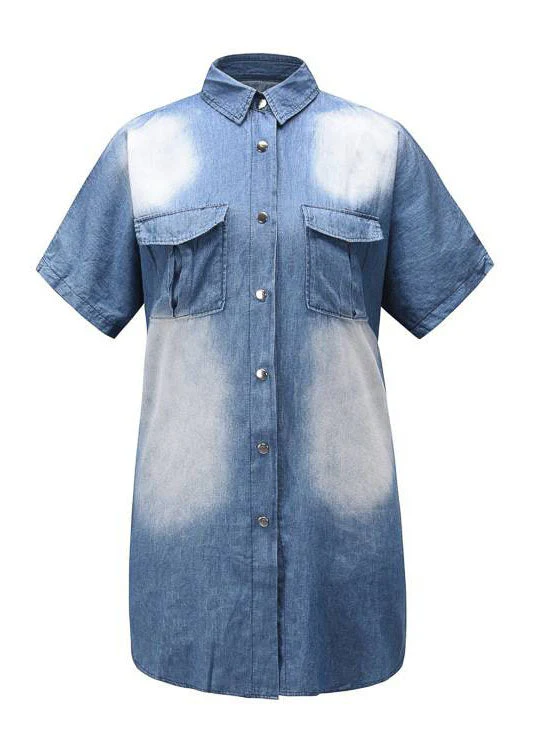 Modern Blue Peter Pan Collar Patchwork Denim Shirts Dress Summer - Image 5