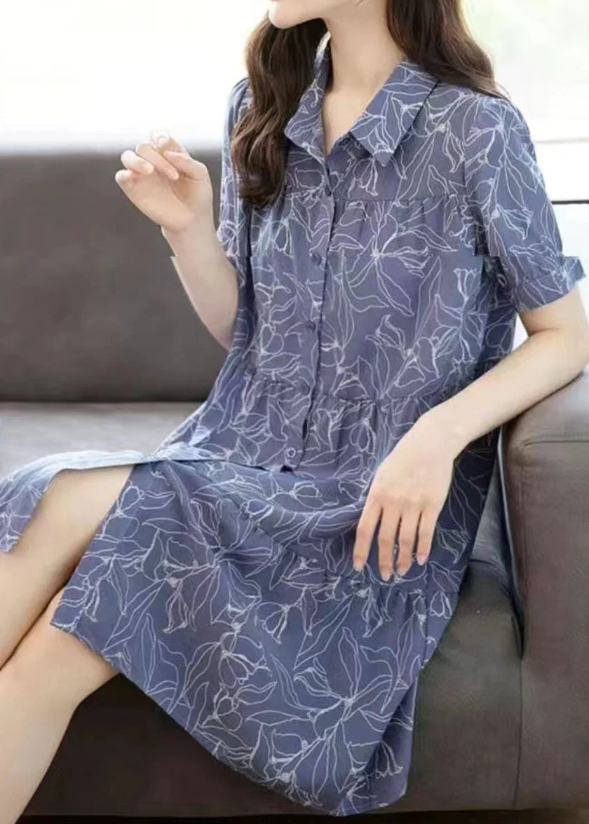 Modern Blue Peter Pan Collar Print Patchwork Chiffon Shirts Mid Dress Summer - Image 4