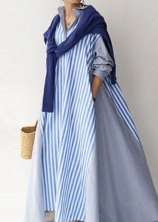 Modern Blue Peter Pan Collar Striped Cotton Dress Long Sleeve - Image 3