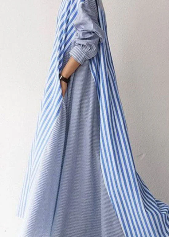 Modern Blue Peter Pan Collar Striped Cotton Dress Long Sleeve - Image 4