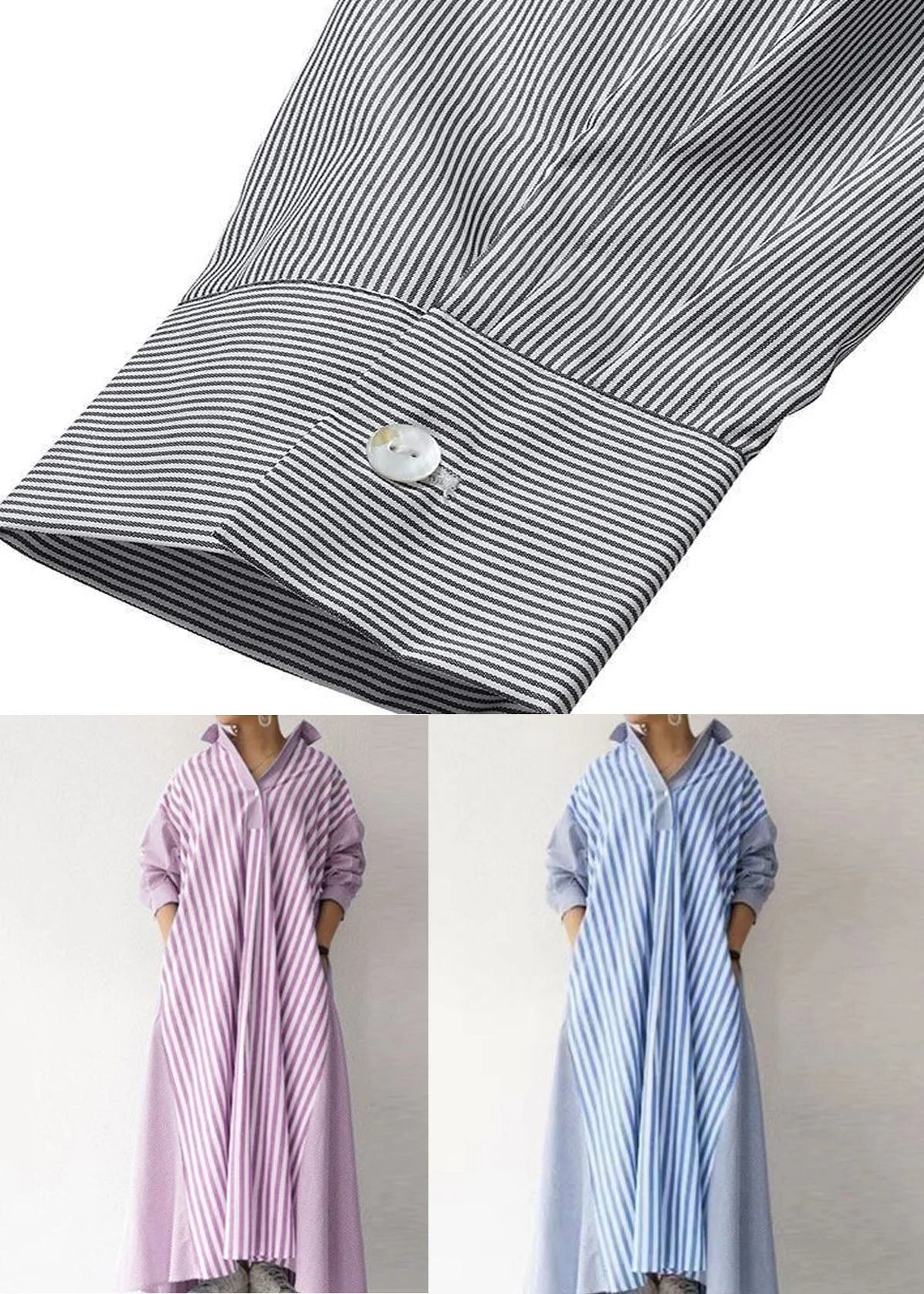Modern Blue Peter Pan Collar Striped Cotton Dress Long Sleeve - Image 5