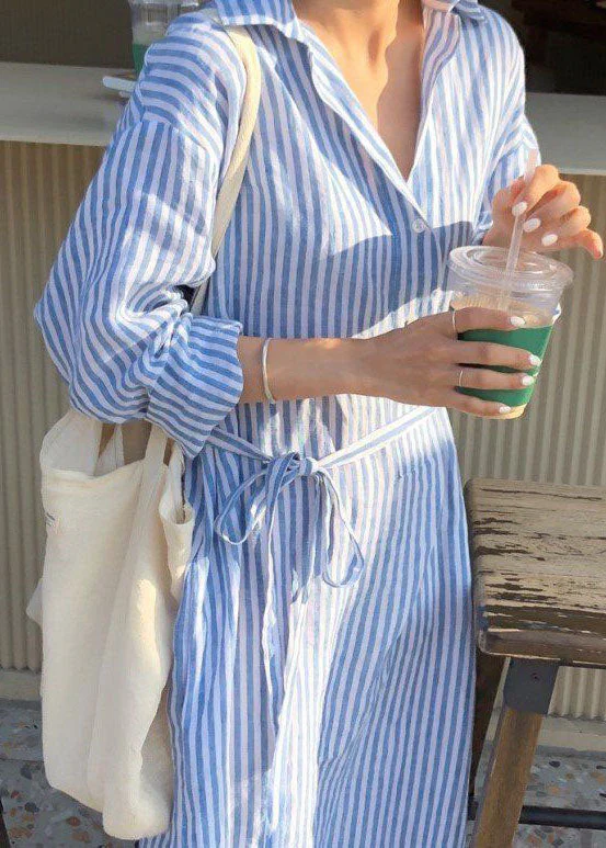 Modern Blue Peter Pan Collar Striped Cotton Shirts Dress Spring - Image 2