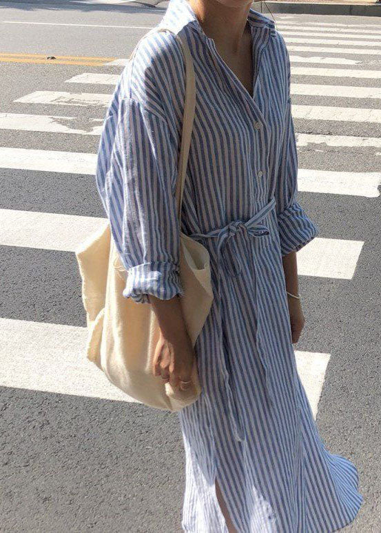 Modern Blue Peter Pan Collar Striped Cotton Shirts Dress Spring - Image 3