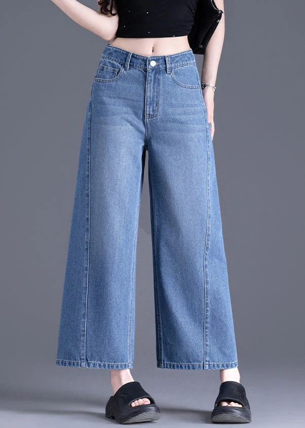 Modern Blue Pockets High Waist Denim Crop Pants Spring - Image 2