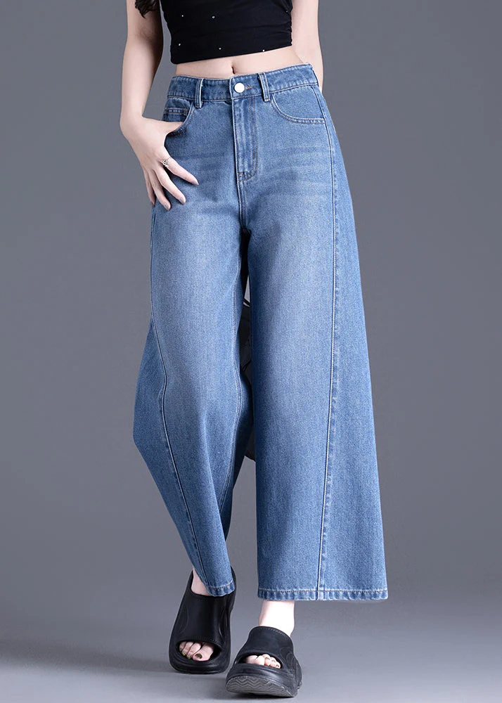 Modern Blue Pockets High Waist Denim Crop Pants Spring - Image 3
