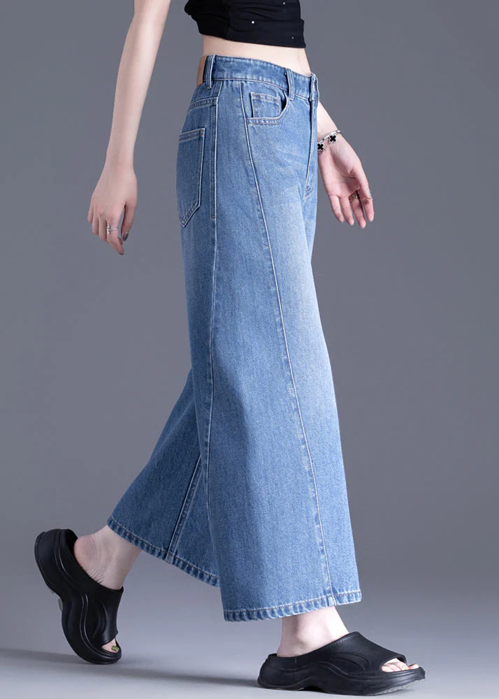 Modern Blue Pockets High Waist Denim Crop Pants Spring - Image 4