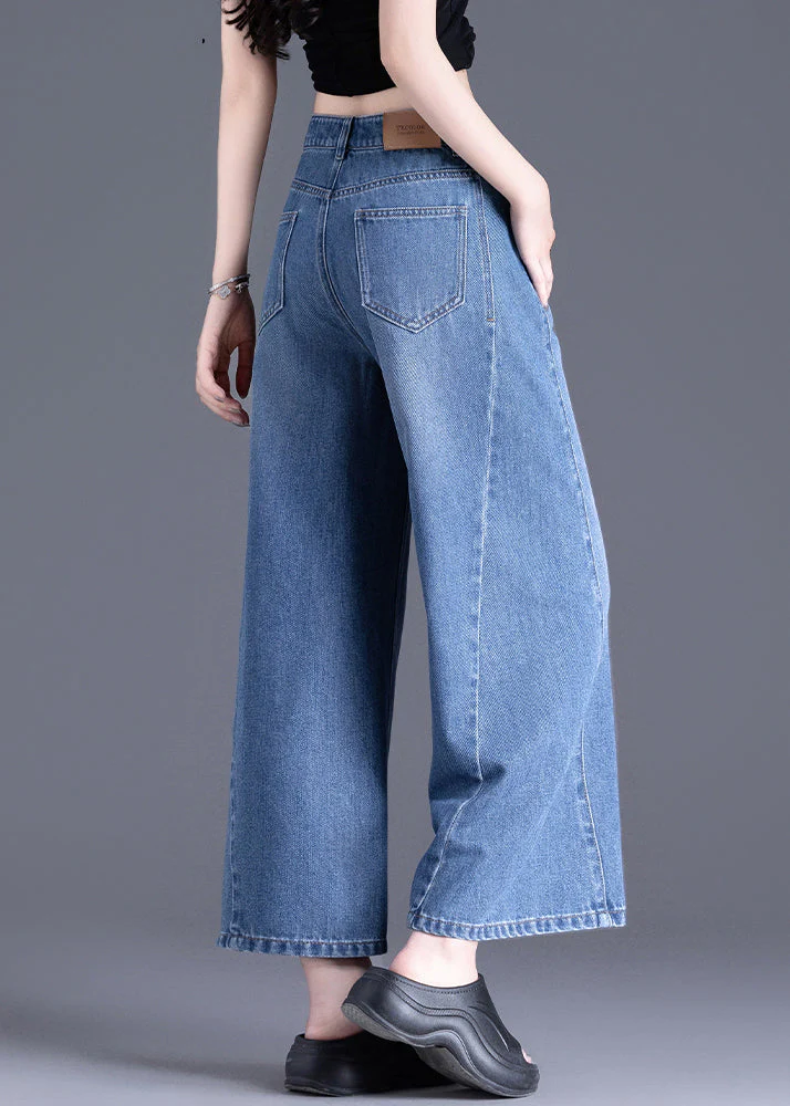 Modern Blue Pockets High Waist Denim Crop Pants Spring - Image 5