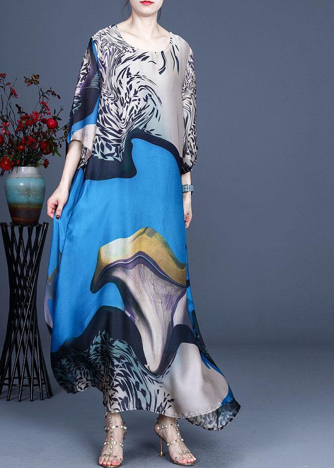 Modern Blue Print asymmetrical design Casual Summer Silk Long Dress - Image 3