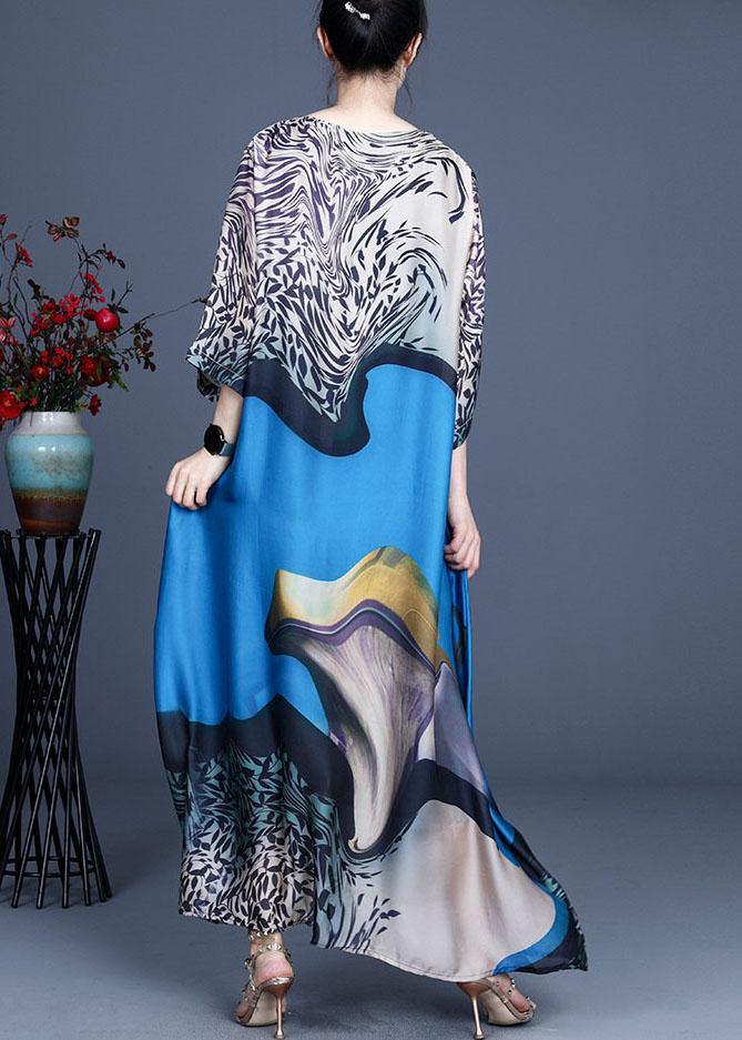 Modern Blue Print asymmetrical design Casual Summer Silk Long Dress - Image 4