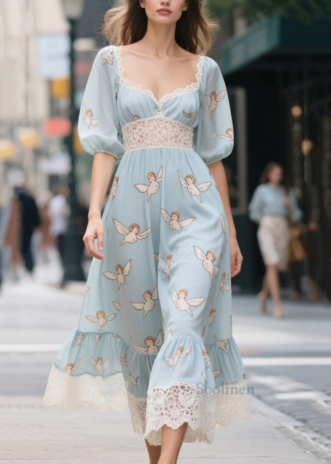 Modern Blue Print Lace Patchwork Chiffon Maxi Dresses Summer - Image 3