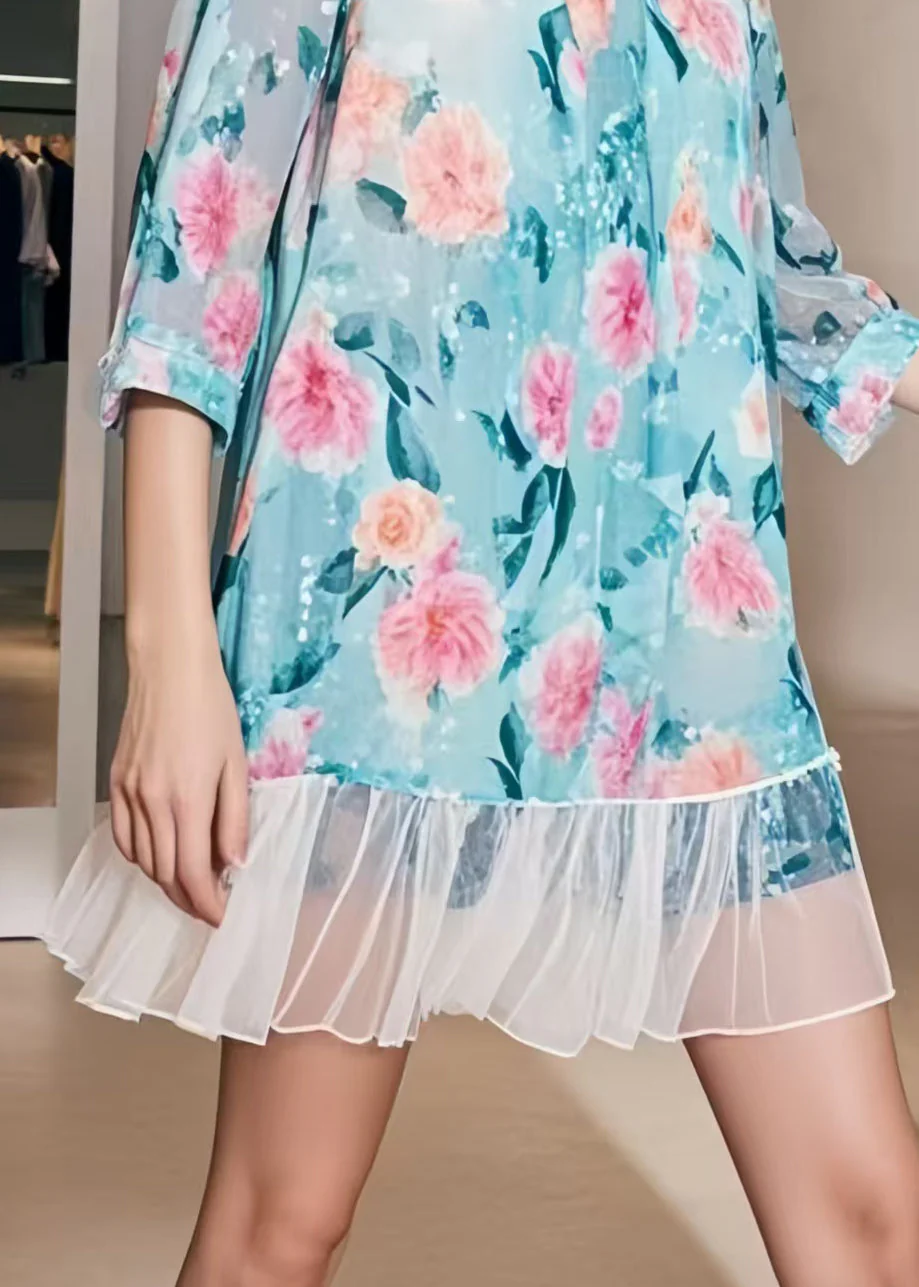Modern Blue Print Patchwork Chiffon Mini Dress Bracelet Sleeve - Image 4