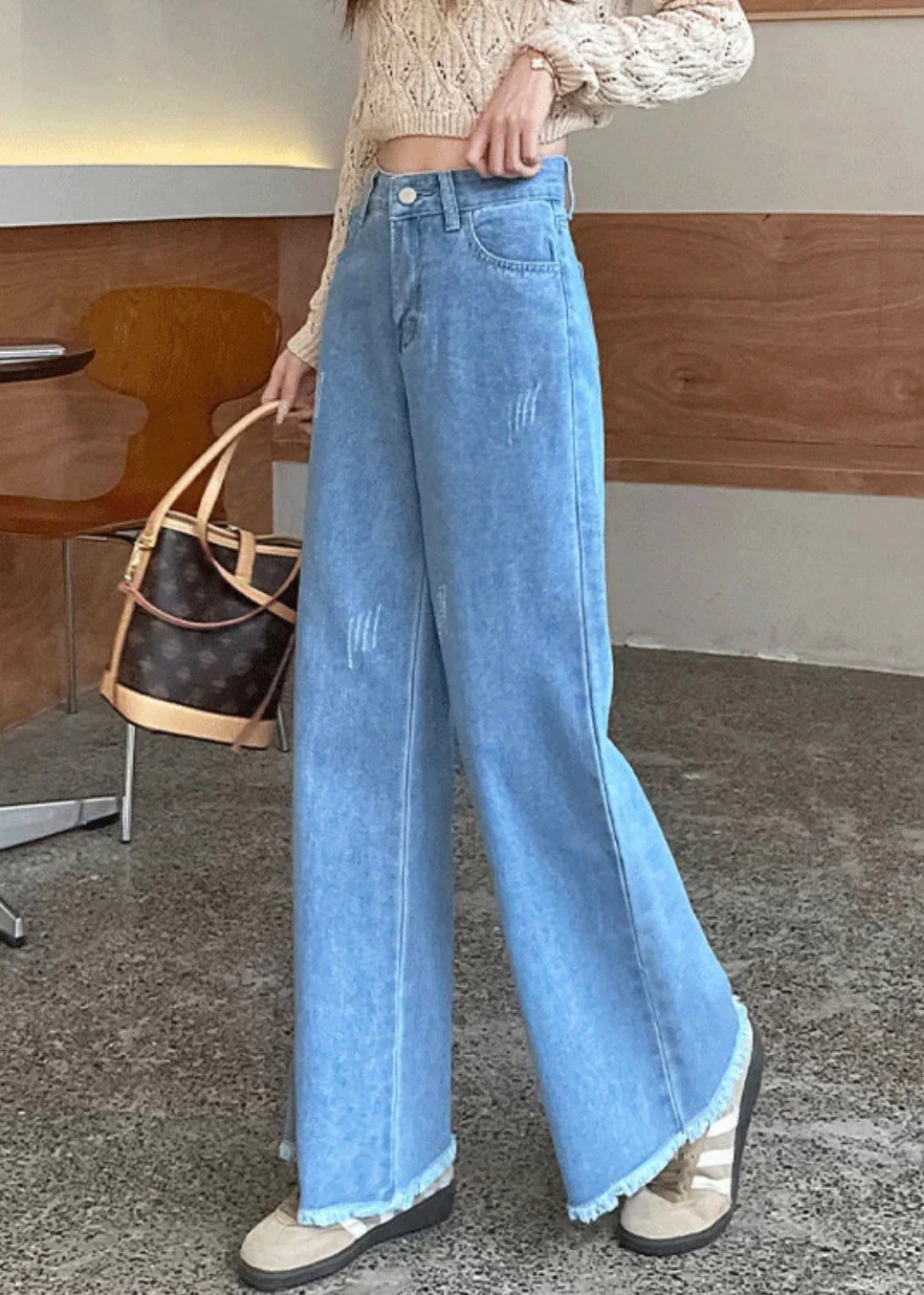 Modern Blue Raw Edge High Waist Denim Pants Spring - Image 3