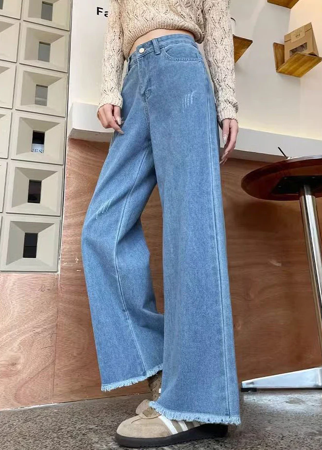Modern Blue Raw Edge High Waist Denim Pants Spring - Image 4
