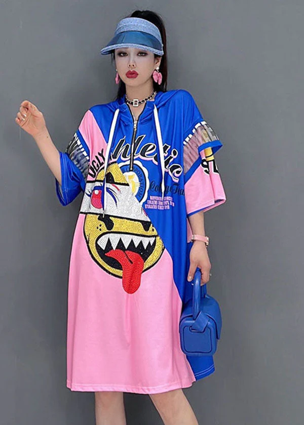 Modern Blue Red Hooded Drawstring Zippered Print Robe Dresses Short Sleeve - Image 2