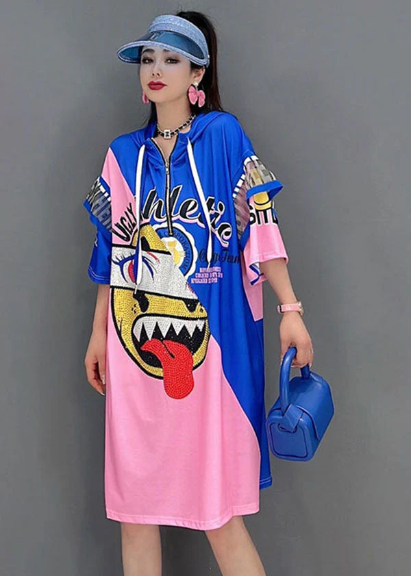 Modern Blue Red Hooded Drawstring Zippered Print Robe Dresses Short Sleeve - Image 3