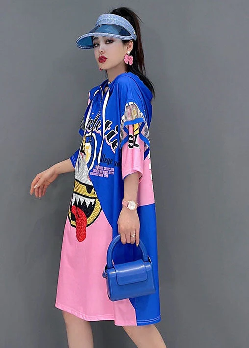 Modern Blue Red Hooded Drawstring Zippered Print Robe Dresses Short Sleeve - Image 4