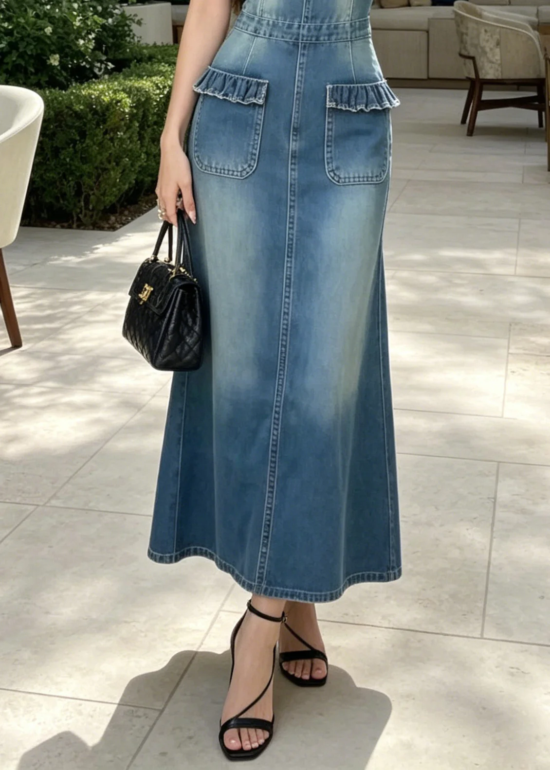 Modern Blue Ruffled Pockets Denim Long Dress Summer - Image 4