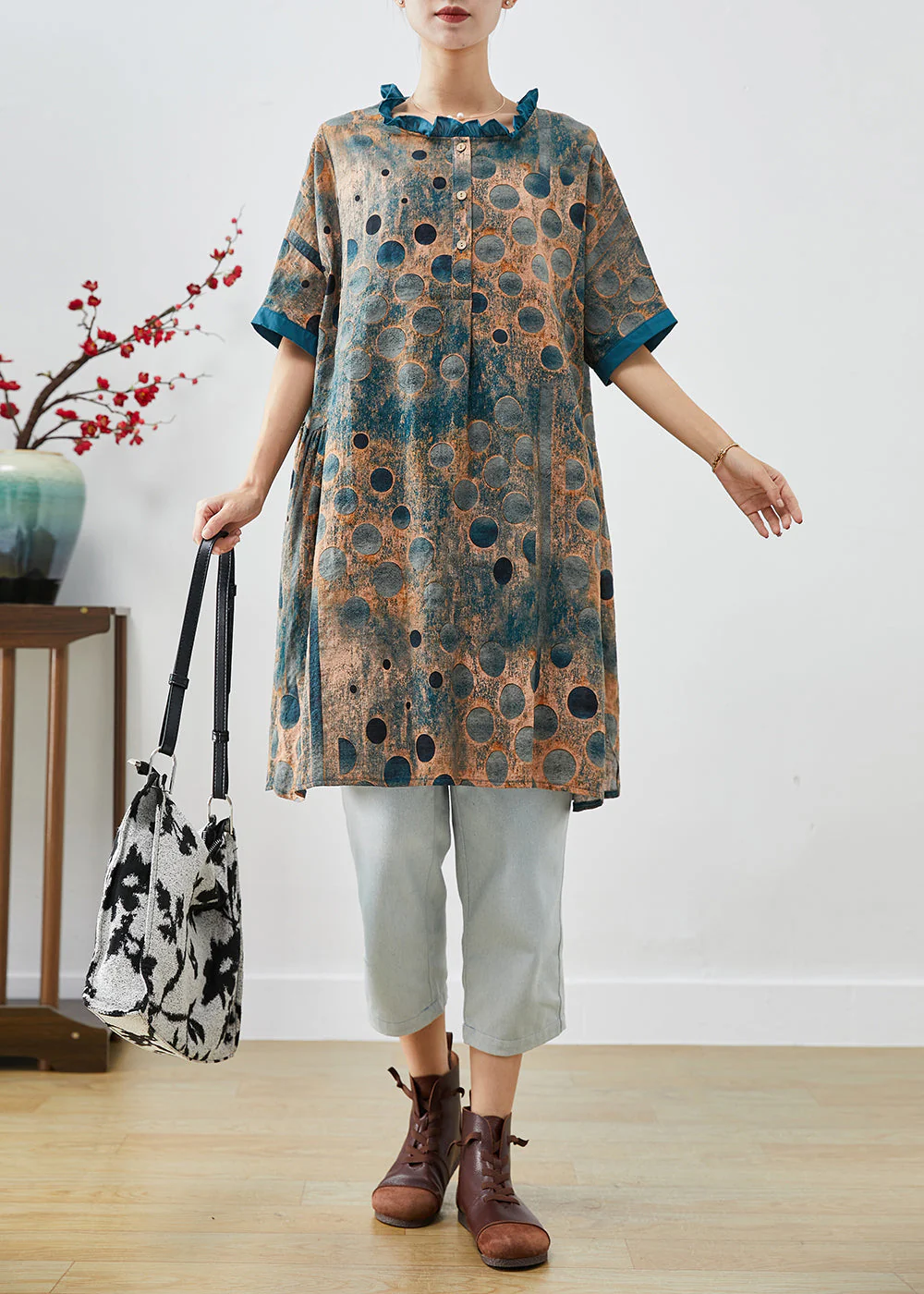 Modern Blue Ruffled Print Linen Mid Dress Summer - Image 2