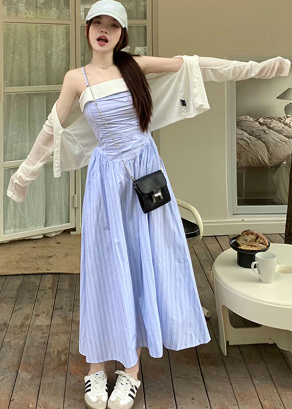 Modern Blue Slash Neck Striped Patchwork Maxi Spaghetti Strap Dresses Sleeveless - Image 2