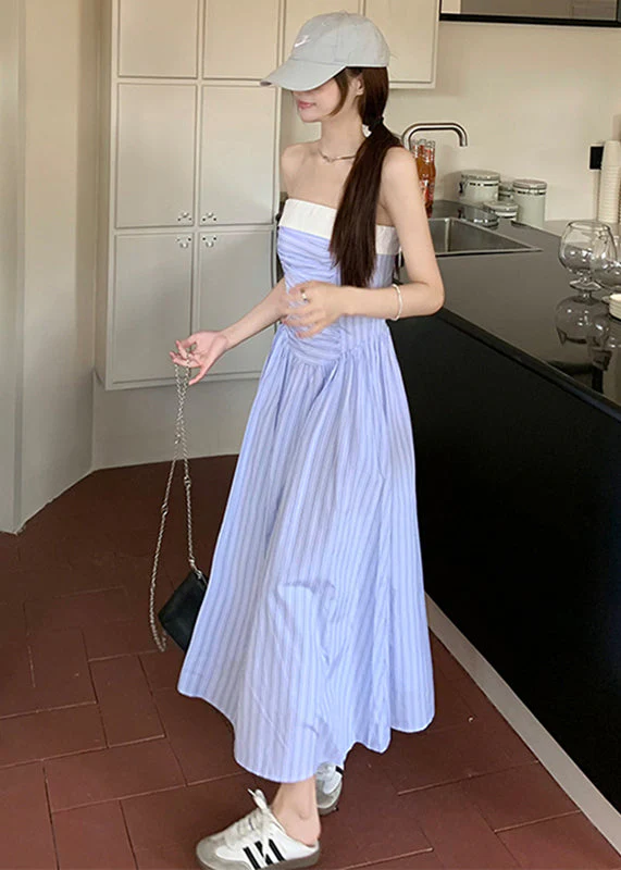 Modern Blue Slash Neck Striped Patchwork Maxi Spaghetti Strap Dresses Sleeveless - Image 3